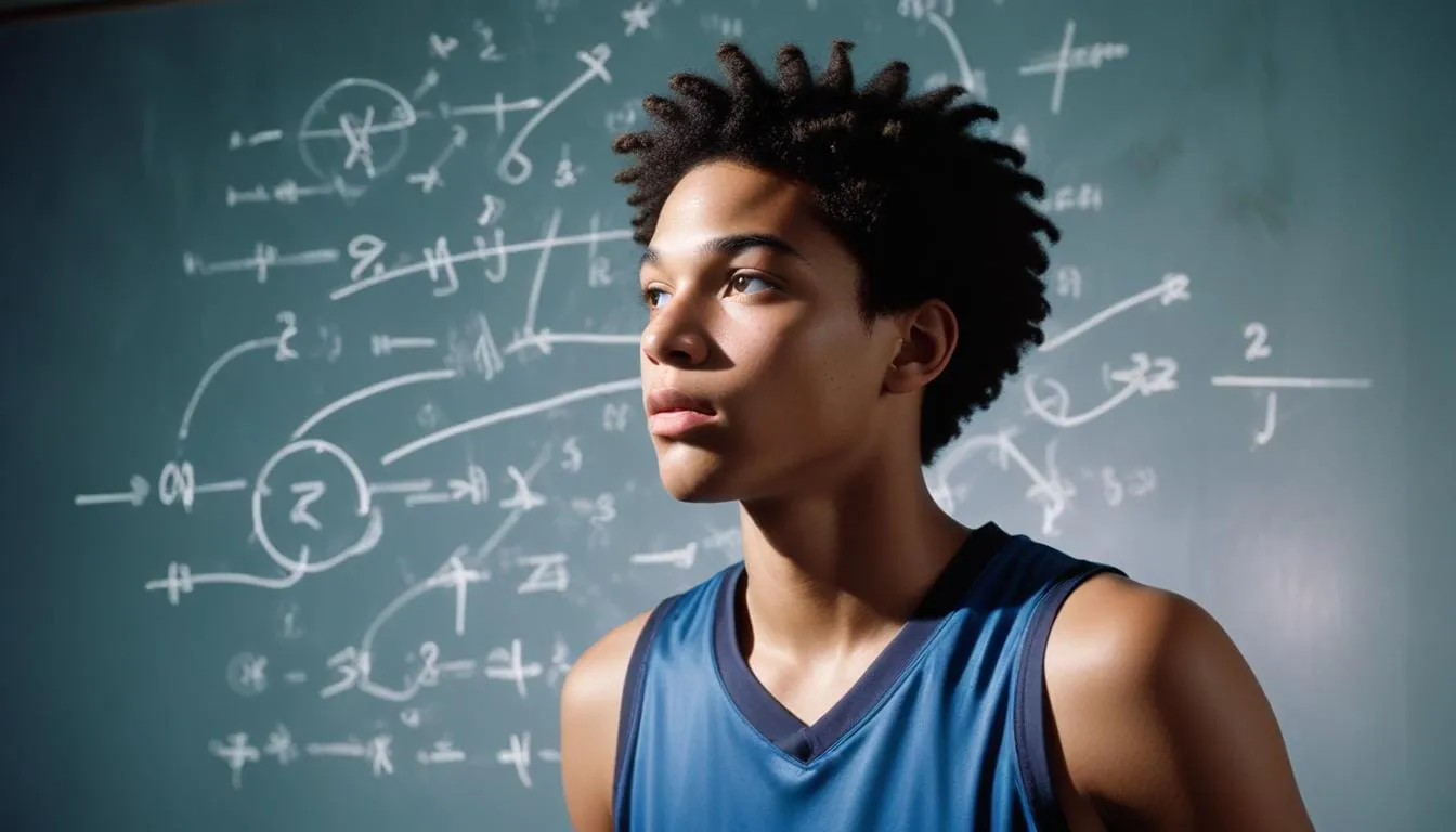 A basketball player in action with a thought bubble above their head symbolizing the mental aspect of the game