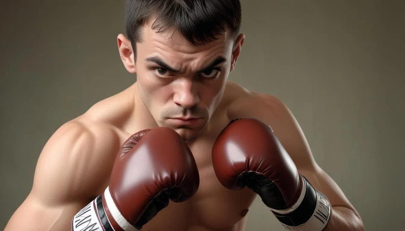 A boxer in a focused stance with a subtle hint of a hypnotic gaze