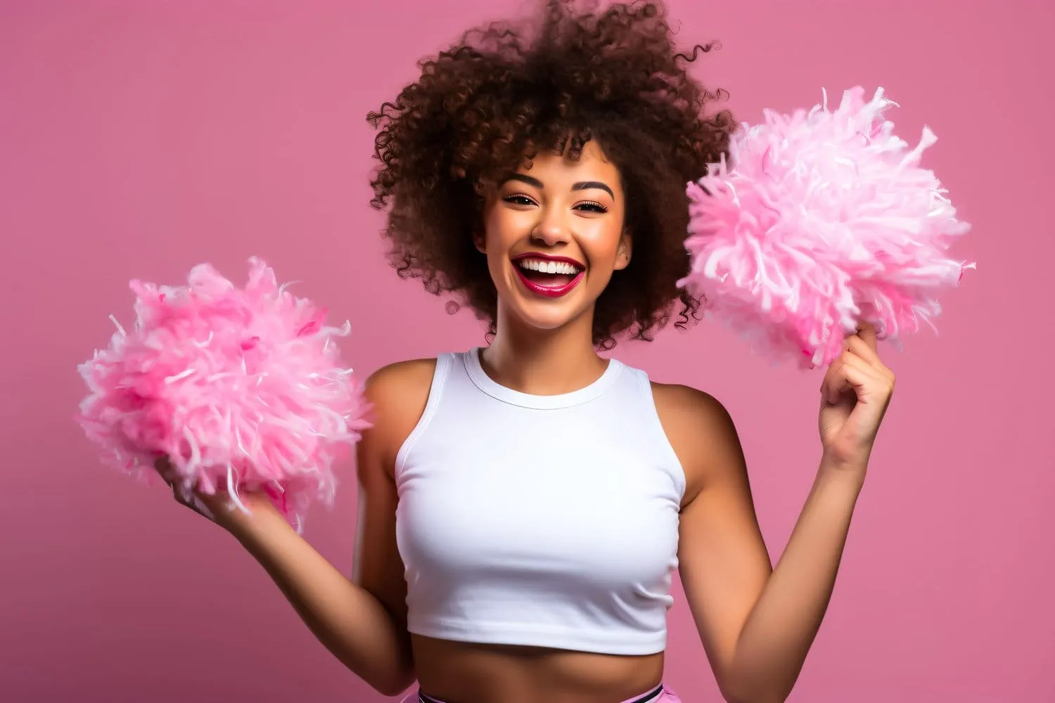 A young woman with curly hair smiles brightly while holding pink pom-poms against a pink background. She is wearing a white crop top and exudes the enthusiasm and joy of a cheerleading performance. A cheerleader in a peaceful natural setting with a calm expression surrounded by gentle foliage
