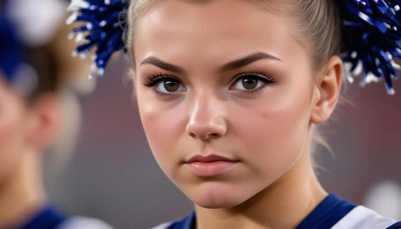 A close-up of a cheerleader with blue and white pom-poms in her hair, clad in a navy and white cheerleading uniform. Her intense, focused expression highlights the psychology of competition, with her light brown hair tied back. The blurred background suggests an outdoor sports event. A close up of a cheerleaders face looking focused and determined