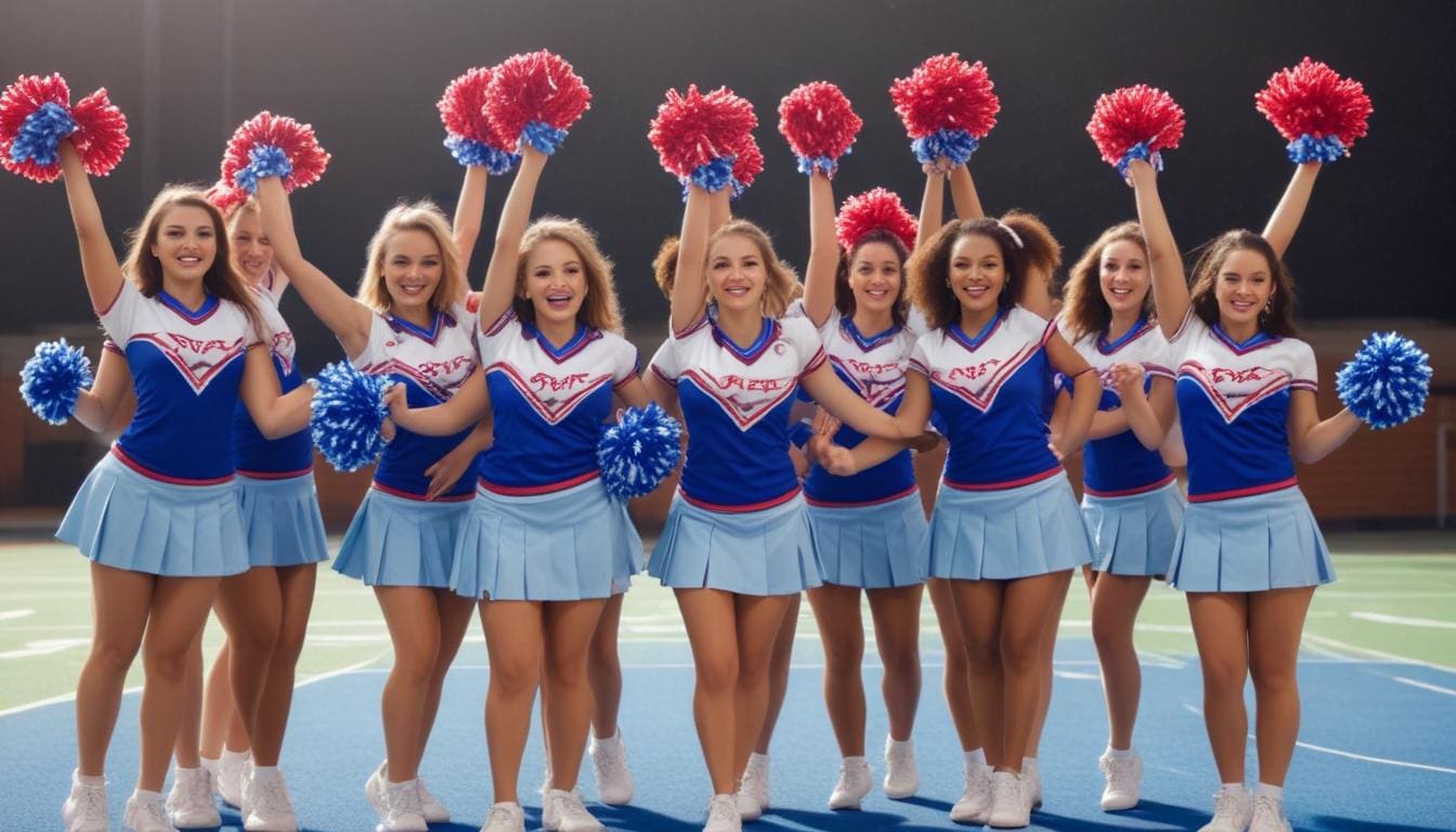 A cheerleading squad of nine women poses together on a sports field, wearing blue and white uniforms with red and blue pom-poms raised in the air. They are smiling and standing in a line, showcasing a spirited and energetic demeanor that could lift anyone's spirits through sheer psychology of positive energy.