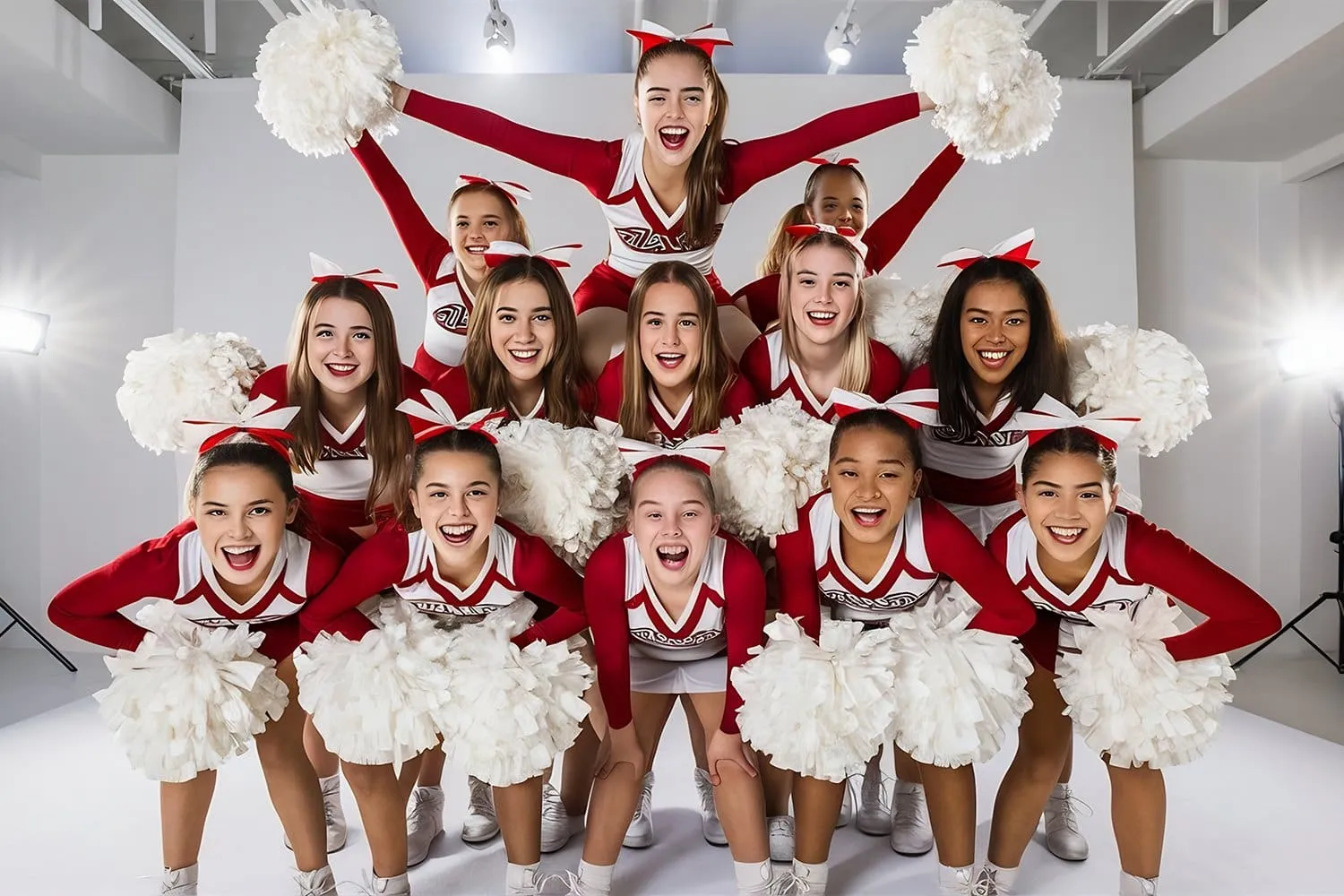 A group of cheerleaders in uniform smiling and holding pom poms with a subtle background of a stadium