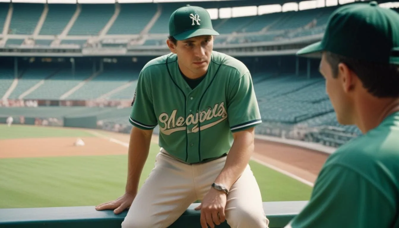 A baseball player wearing a green jersey with 'Sea Gulls' written on it, and a green cap with an 'N' logo, sits on a railing in a stadium. He is engaged in a conversation about peak performance with another player who is partially visible, both appearing focused and serious. A hypnotherapist working with a baseball player with a subtle background of a baseball stadium