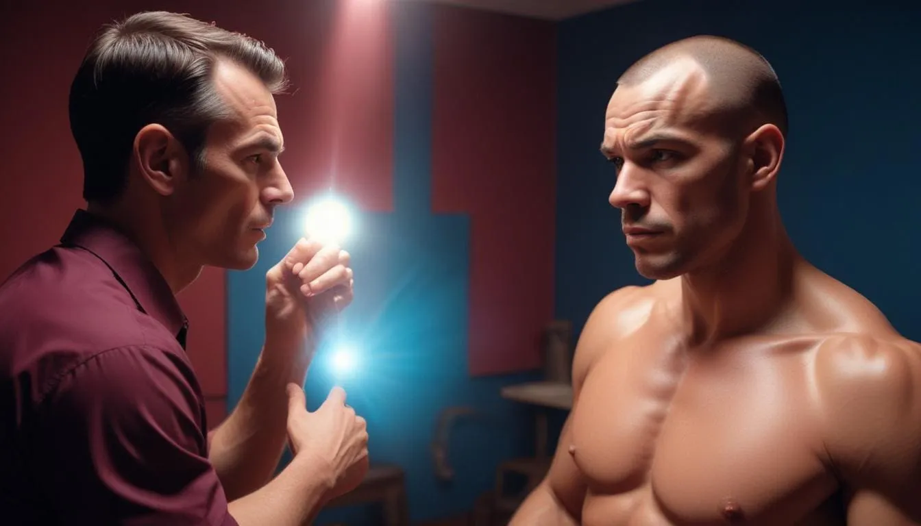 A person in a maroon shirt holds a flashlight and examines another with a muscular physique who is shirtless, evoking the intensity of boxing psychology. Both are in a room with a blue and red background. The man with the flashlight has a focused expression, while the other looks straight ahead. A hypnotist guiding a boxer through a hypnotherapy session with a calm and relaxed atmosphere in the background