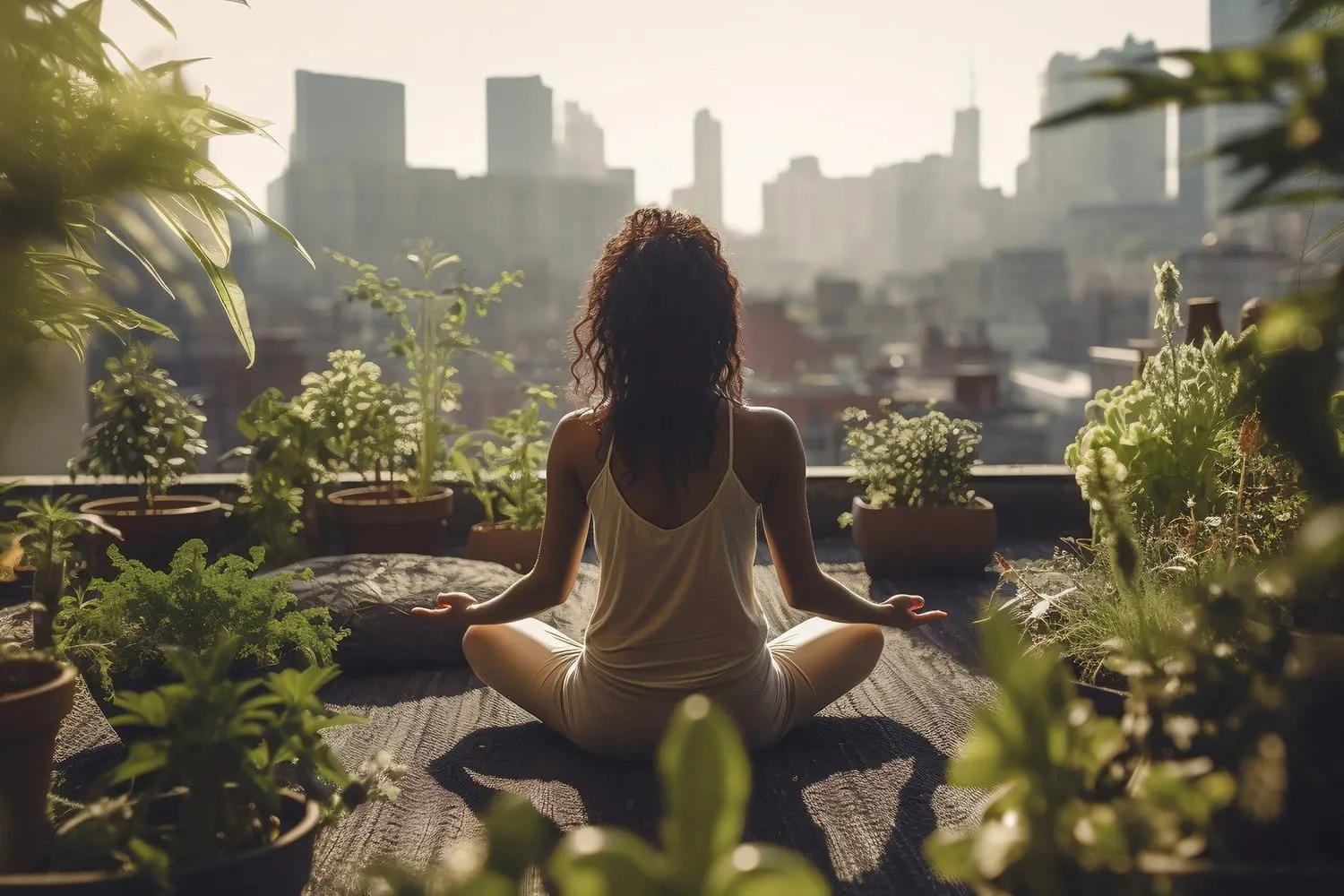 A person sitting in a peaceful environment surrounded by calming colors and plants with a thought bubble above their head symbolizing inner clarity and focus