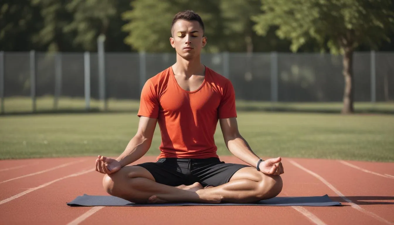 A person wearing a red T-shirt and black shorts is sitting cross-legged on a yoga mat placed on an outdoor track. They are meditating with eyes closed and hands resting on knees, enhancing their athletic performance in a serene environment with trees and a fence in the background. Athlete Meditating