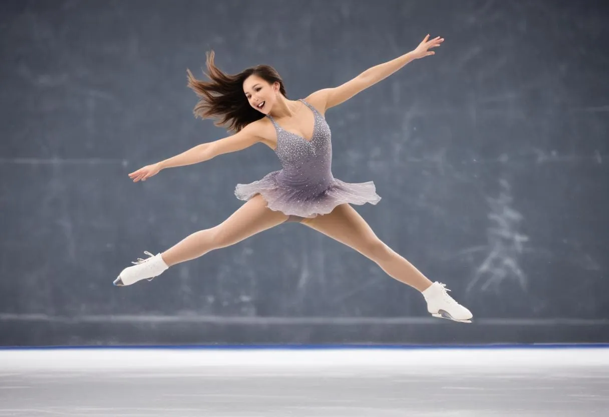 An ice skater in mid jump