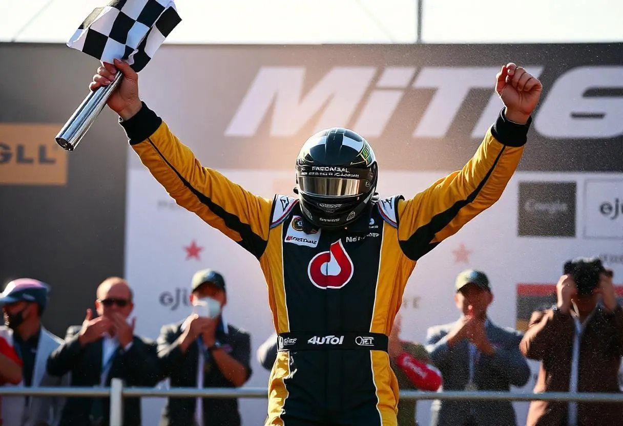 A driver celebrating a win on the podium