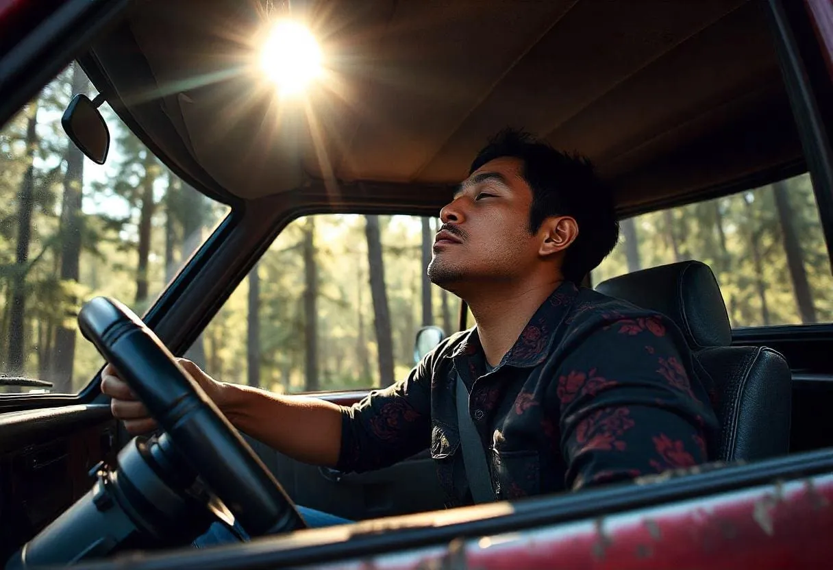 A driver sitting in their car eyes closed focusing on their breath