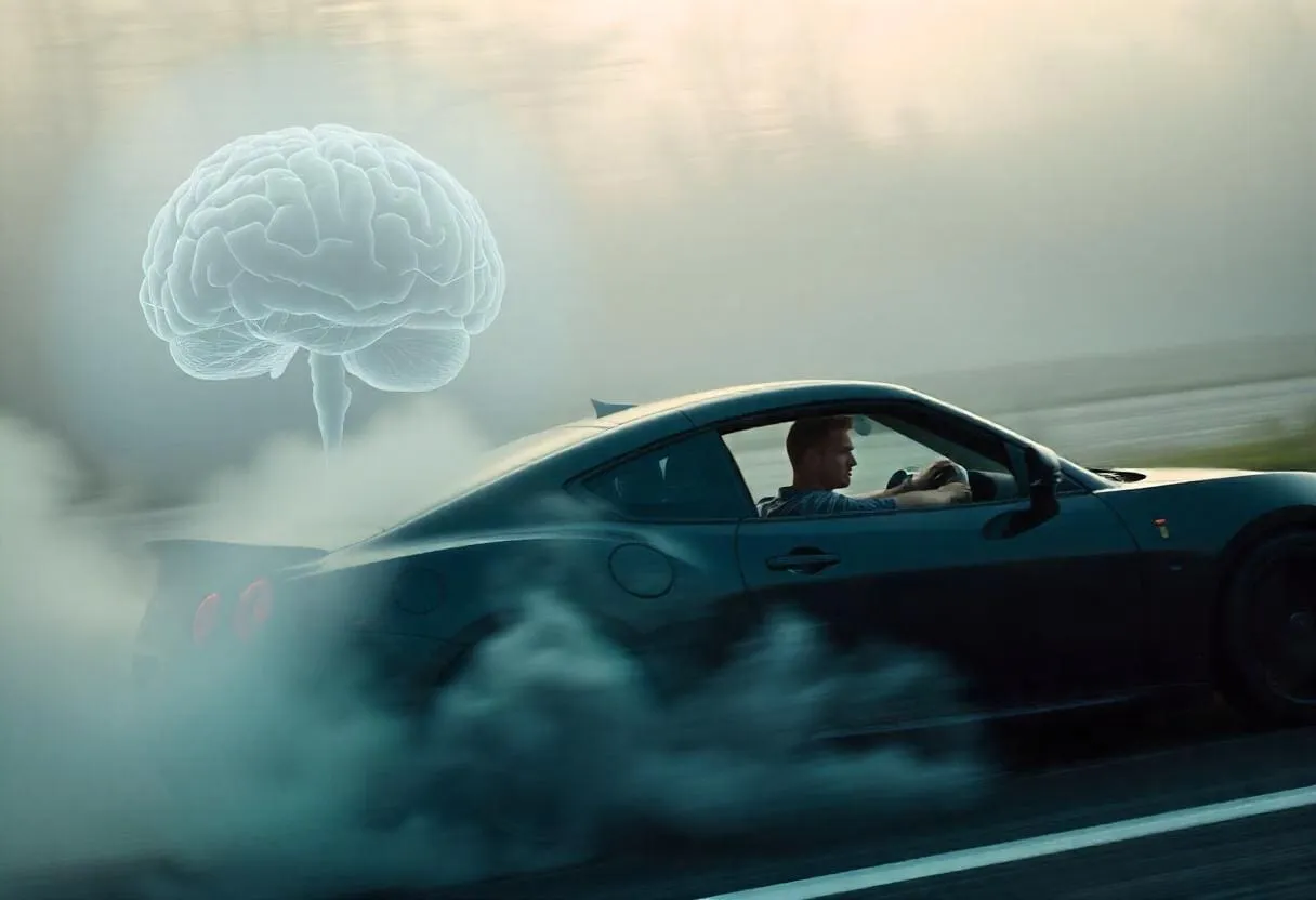 A racing car speeding around a track with a faint image of a brain in the background