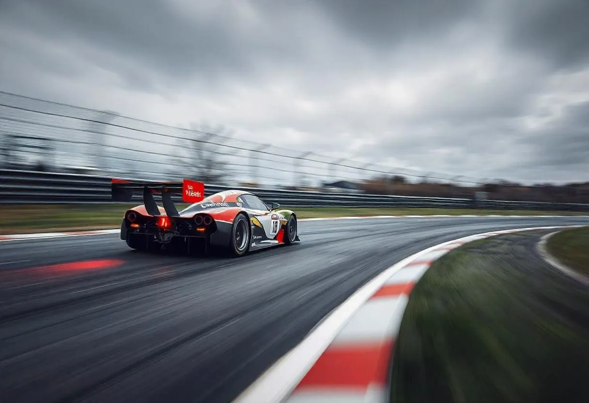 A racing car speeding down a track with a blurred background to emphasize the speed