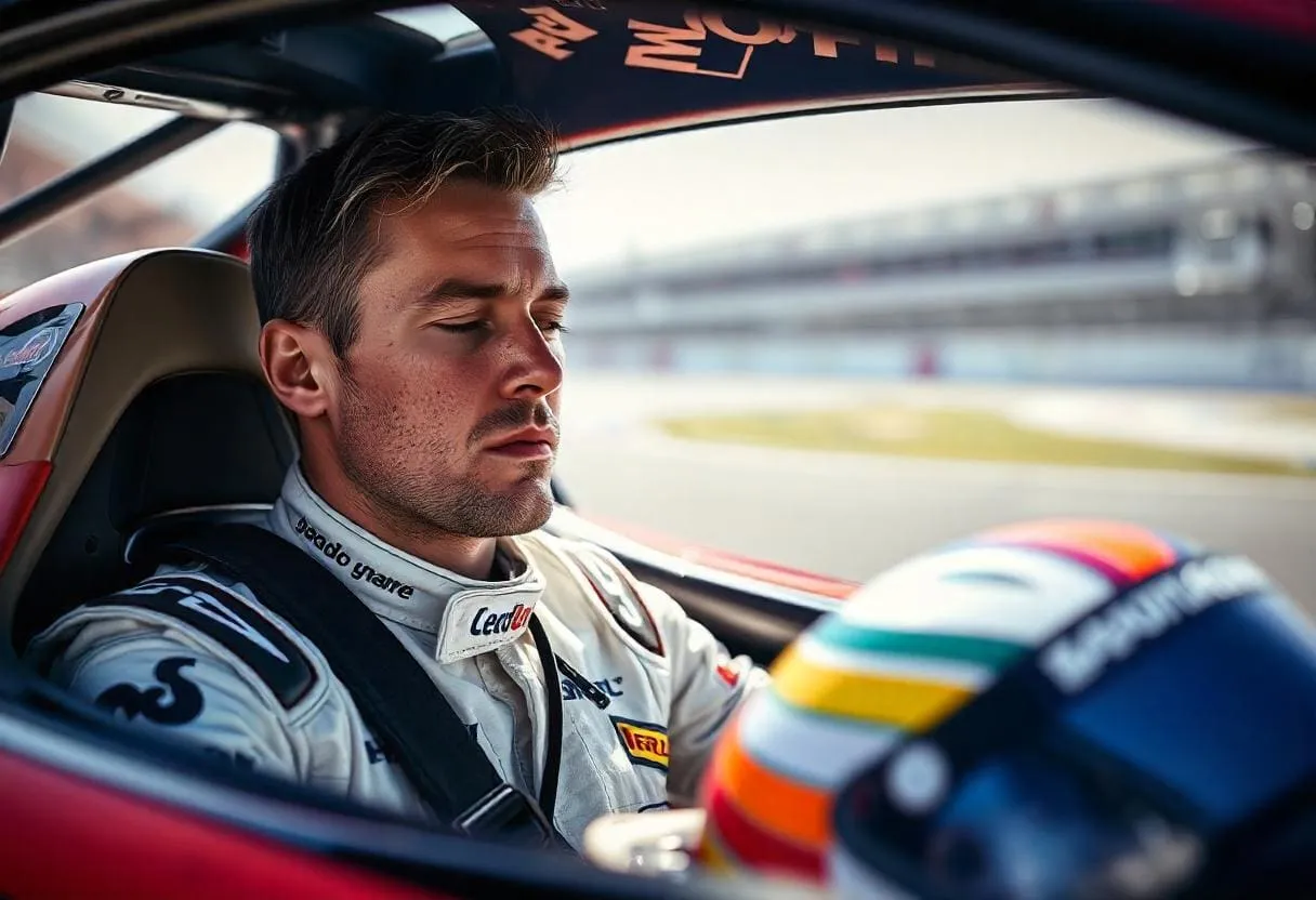 Mind Over Speed: How Hypnotherapy Enhances Racing Performance and Focus 61 A racing driver sitting in his car eyes closed with a look of deep concentration