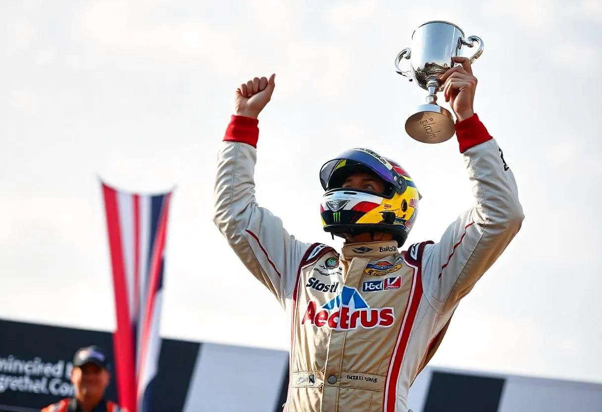 Mind Over Speed: How Hypnotherapy Enhances Racing Performance and Focus 62 A racing driver standing on the podium holding a trophy aloft