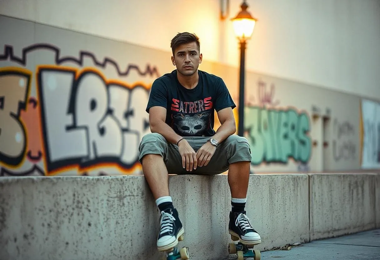 A roller skater sitting on concrete looking
