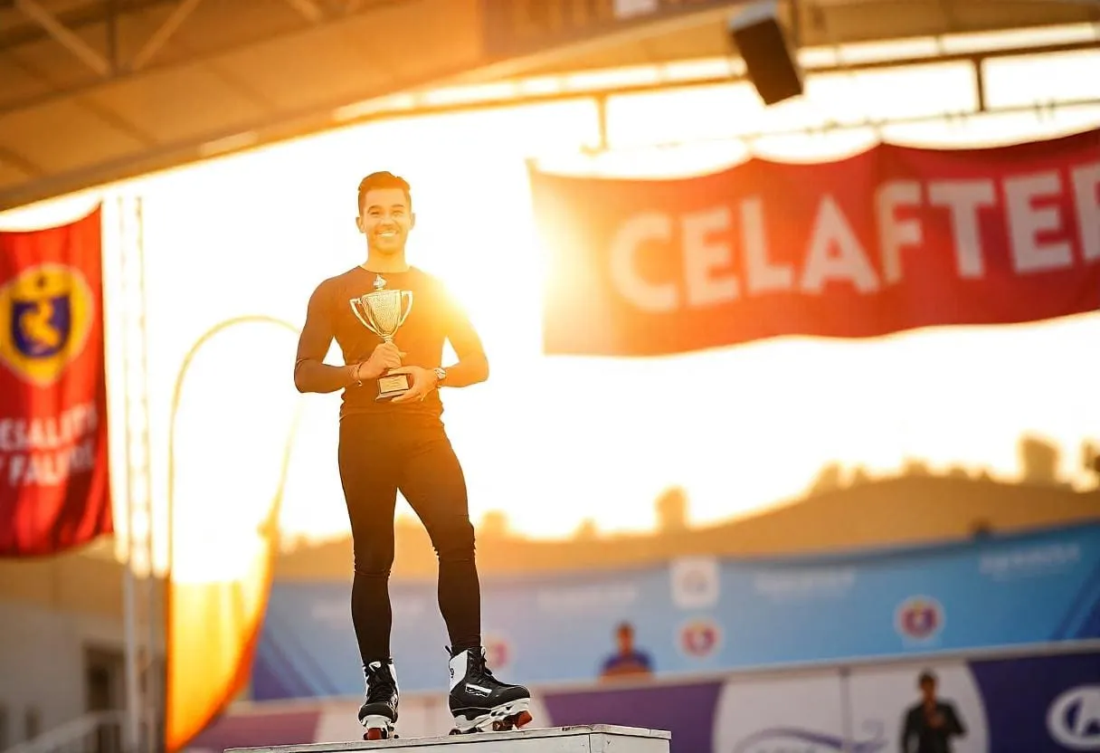 A roller skater standing on the podium with a confident