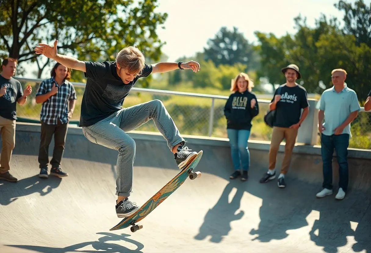 A skateboarder executing a complex trick with a bold background