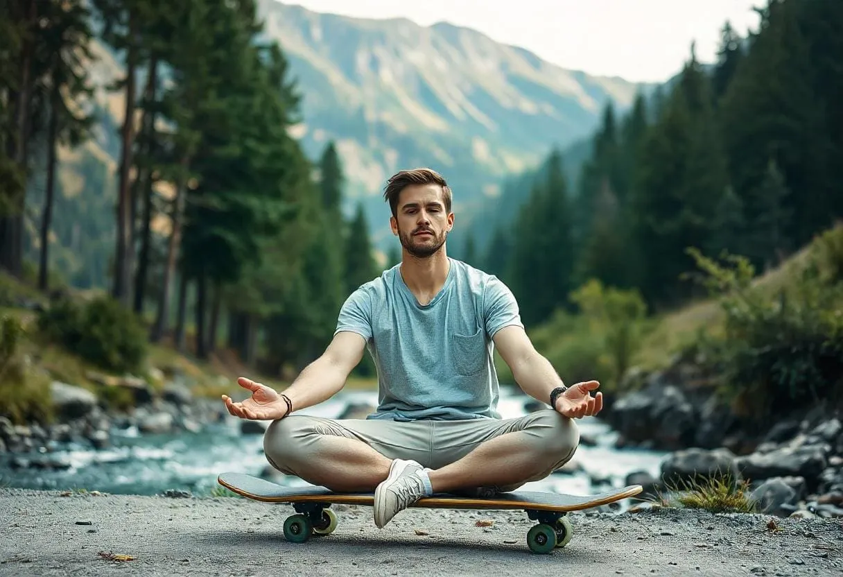 A skateboarder sitting in a meditative pose with a peaceful background