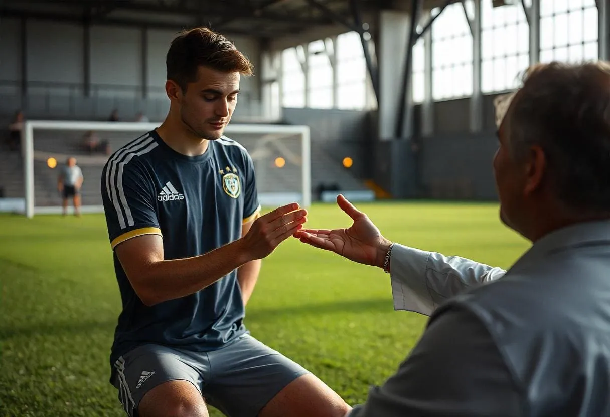 A hypnotherapist working with a soccer player using a gentle gesture to induce