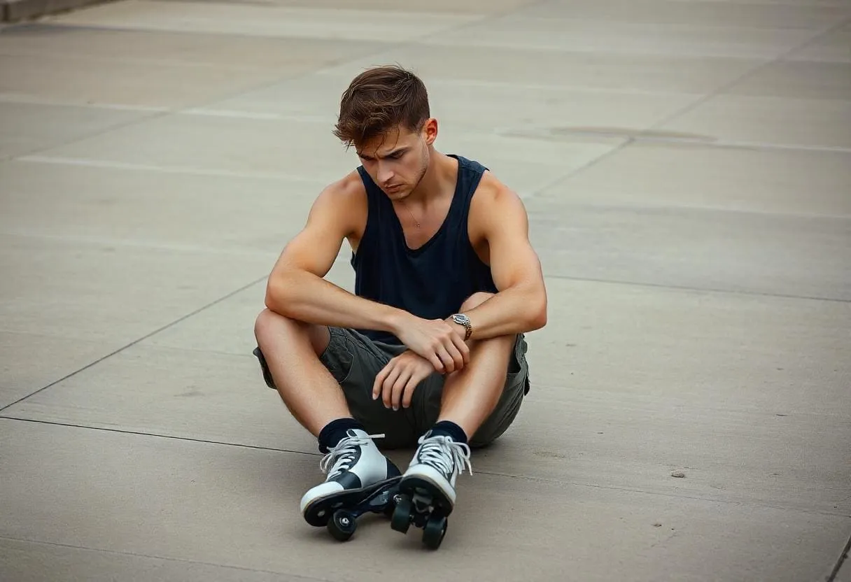 A roller skater sitting on concrete looking anxious and uncertain