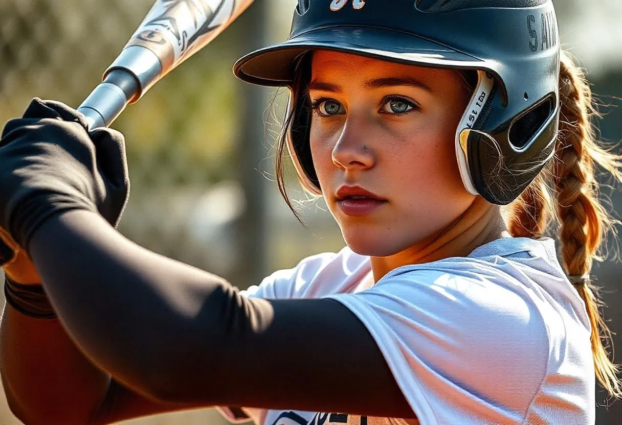 A softball player in action with a focused