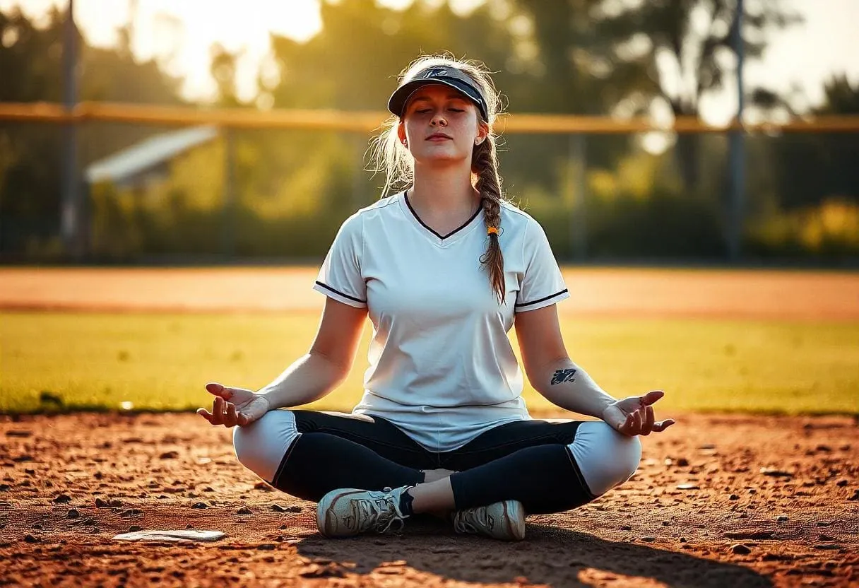 A softball player meditating on the field